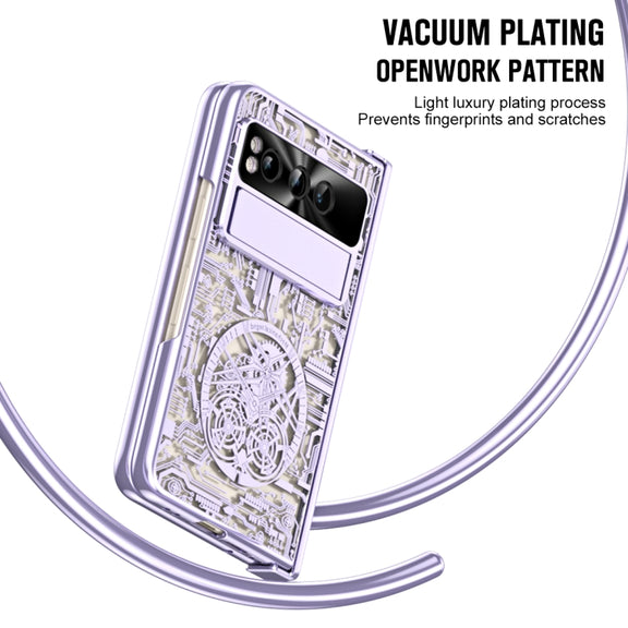 For Google Pixel Fold Mechanical Legend Integrated Electroplating All-inclusive Phone Case with Pen Slot(Purple)