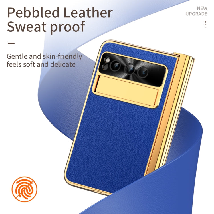 For Google Pixel Fold Litchi Pattern Electroplating Pen Slot Folding Phone Case with Stylus(Royal Blue)