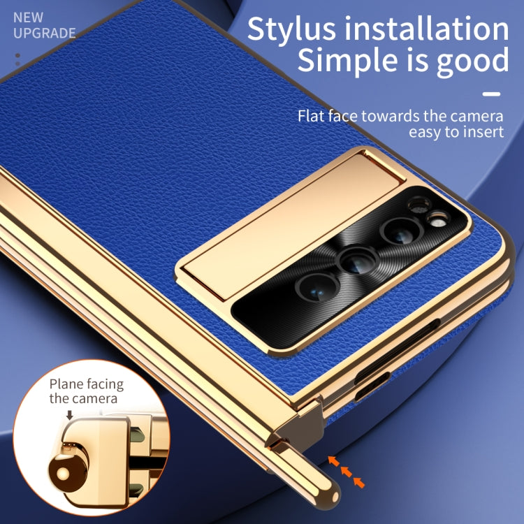 For Google Pixel Fold Litchi Pattern Electroplating Pen Slot Folding Phone Case with Stylus(Royal Blue)