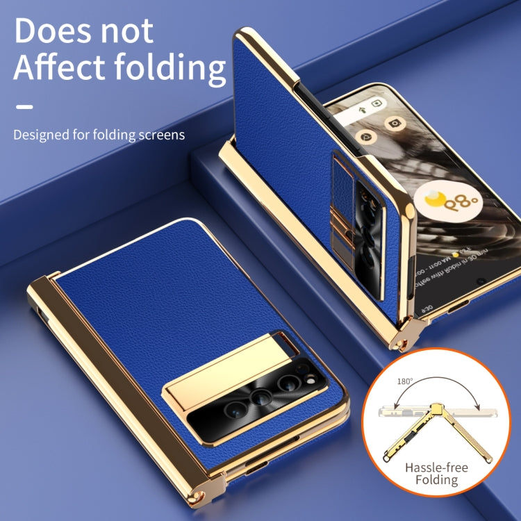 For Google Pixel Fold Litchi Pattern Electroplating Pen Slot Folding Phone Case with Stylus(Royal Blue)