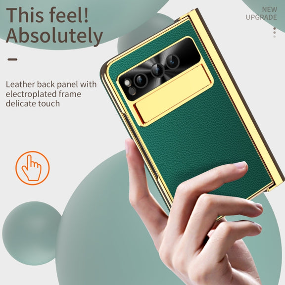 For Google Pixel Fold Litchi Pattern Electroplating Pen Slot Folding Phone Case with Stylus(Green)