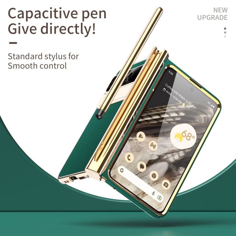 For Google Pixel Fold Litchi Pattern Electroplating Pen Slot Folding Phone Case with Stylus(Green)