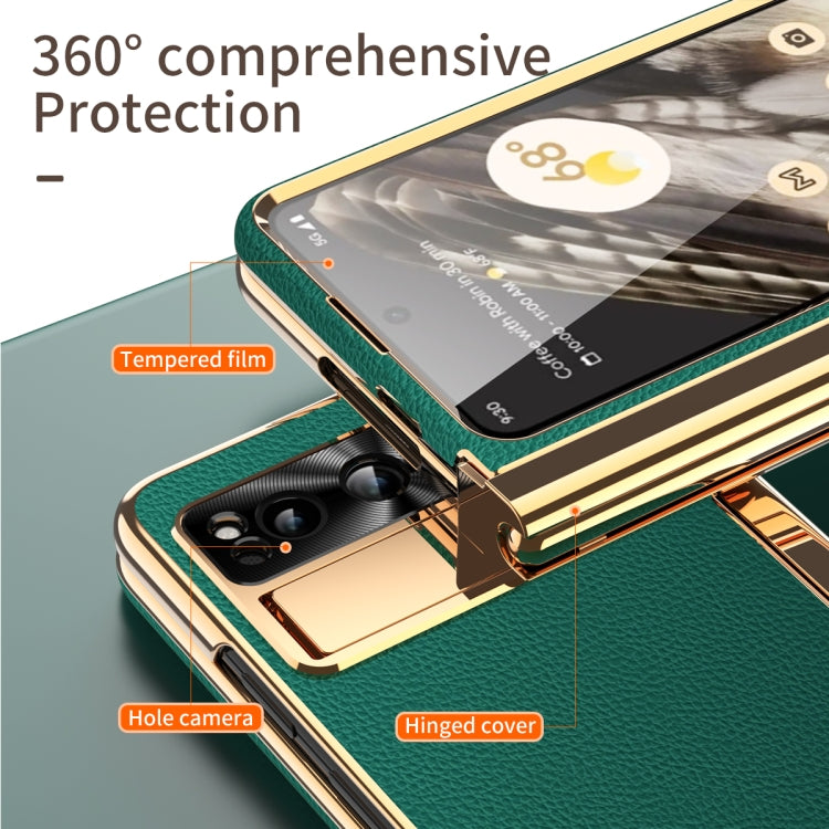 For Google Pixel Fold Litchi Pattern Electroplating Pen Slot Folding Phone Case with Stylus(Green)