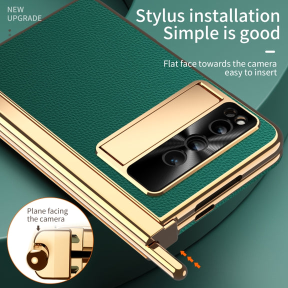 For Google Pixel Fold Litchi Pattern Electroplating Pen Slot Folding Phone Case with Stylus(Green)