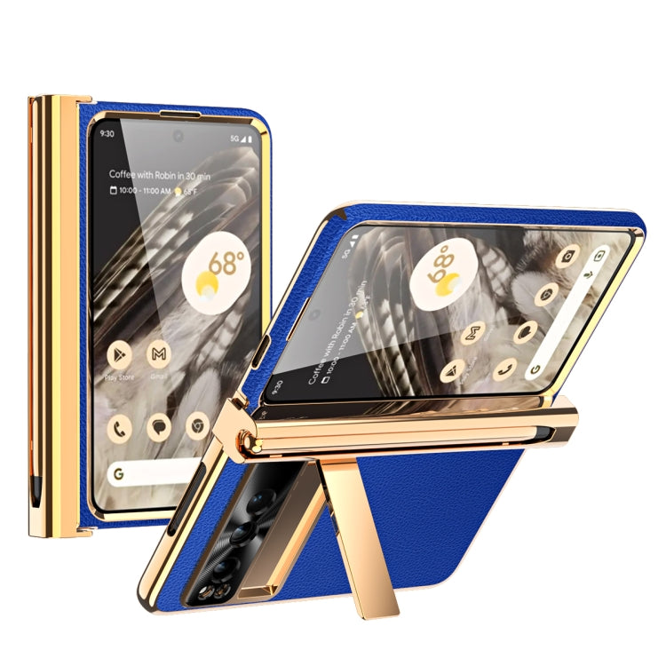 For Google Pixel Fold Litchi Pattern Electroplating Pen Slot Double Hinge Folding Phone Case with Stylus(Royal Blue)