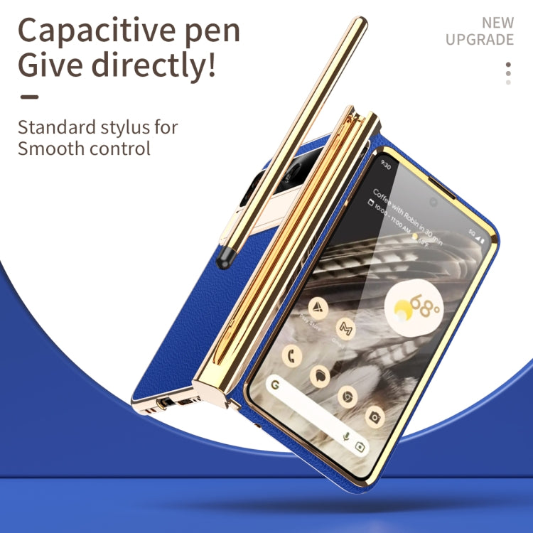 For Google Pixel Fold Litchi Pattern Electroplating Pen Slot Double Hinge Folding Phone Case with Stylus(Royal Blue)