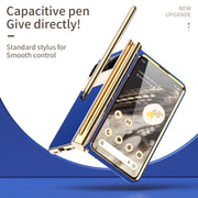 For Google Pixel Fold Litchi Pattern Electroplating Pen Slot Double Hinge Folding Phone Case with Stylus(Royal Blue)