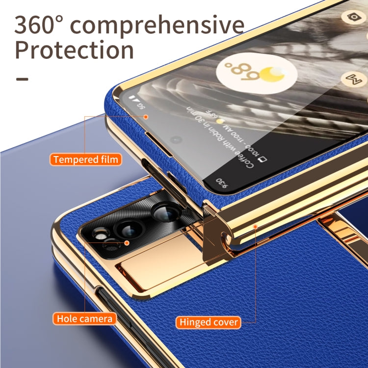For Google Pixel Fold Litchi Pattern Electroplating Pen Slot Double Hinge Folding Phone Case with Stylus(Royal Blue)