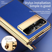 For Google Pixel Fold Litchi Pattern Electroplating Pen Slot Double Hinge Folding Phone Case with Stylus(Royal Blue)