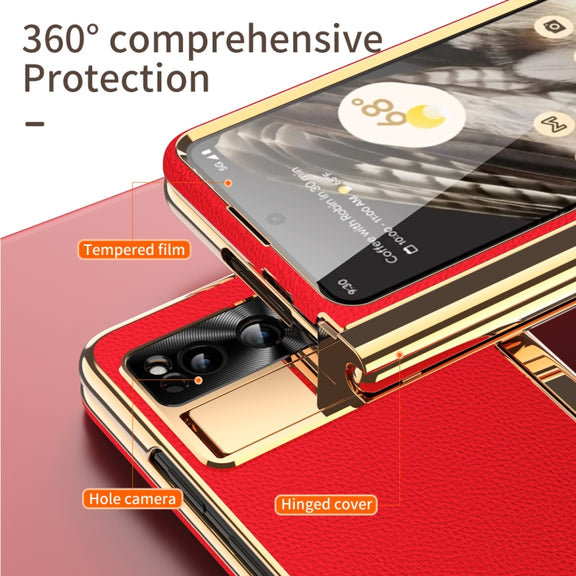 For Google Pixel Fold Litchi Pattern Electroplating Pen Slot Double Hinge Folding Phone Case with Stylus(Red)
