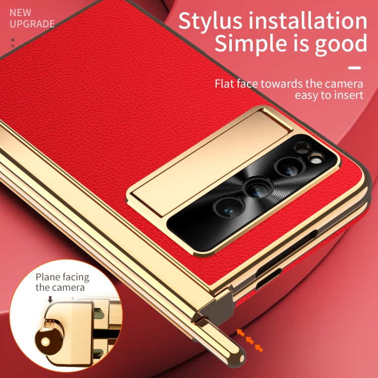 For Google Pixel Fold Litchi Pattern Electroplating Pen Slot Double Hinge Folding Phone Case with Stylus(Red)