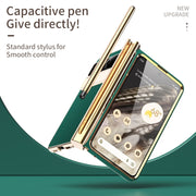 For Google Pixel Fold Litchi Pattern Electroplating Pen Slot Double Hinge Folding Phone Case with Stylus(Green)
