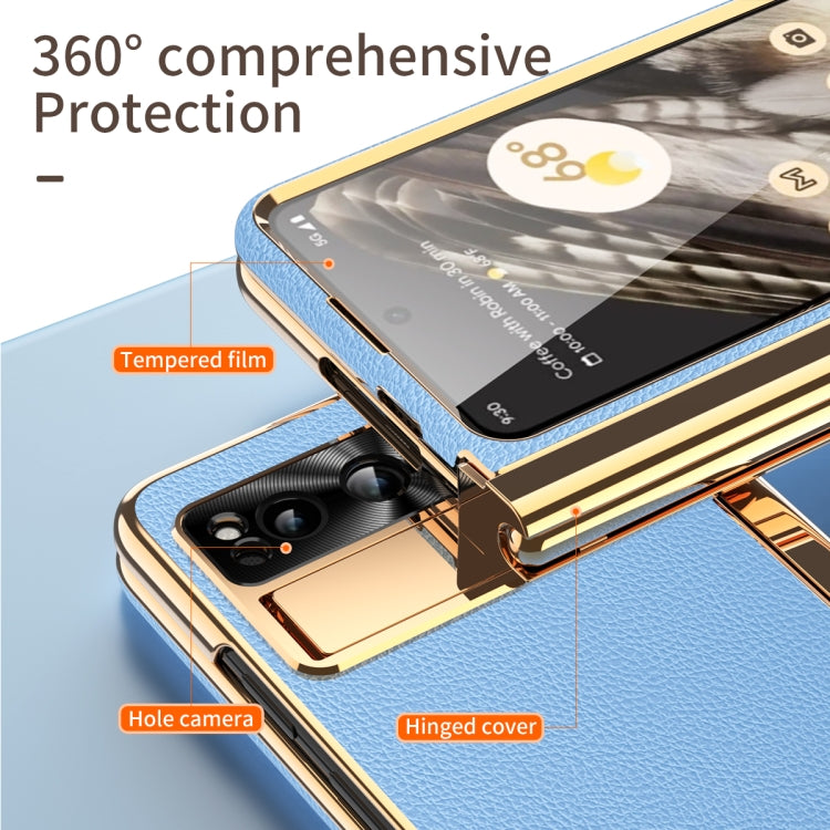 For Google Pixel Fold Litchi Pattern Electroplating Pen Slot Double Hinge Folding Phone Case with Stylus(Blue)