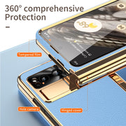For Google Pixel Fold Litchi Pattern Electroplating Pen Slot Double Hinge Folding Phone Case with Stylus(Blue)