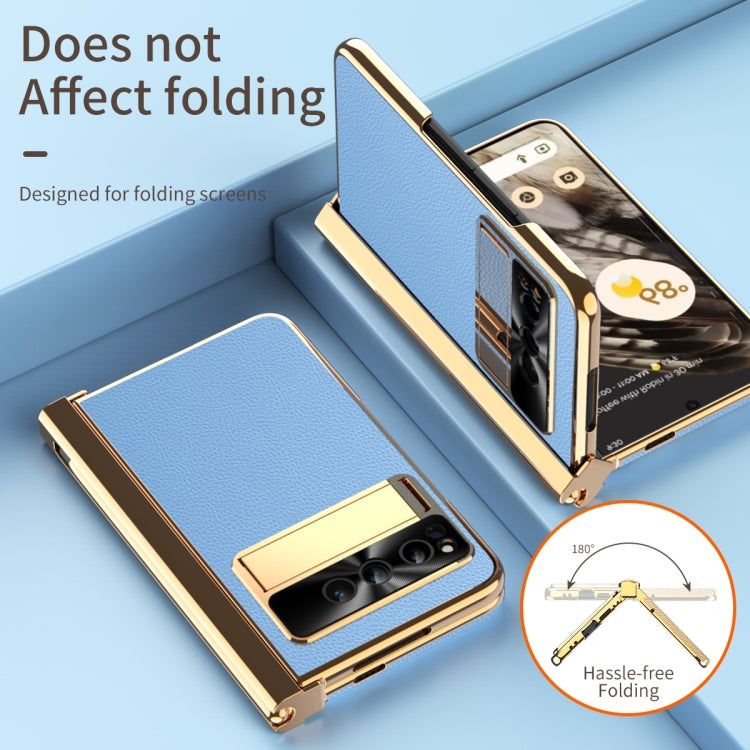 For Google Pixel Fold Litchi Pattern Electroplating Pen Slot Double Hinge Folding Phone Case with Stylus(Blue)