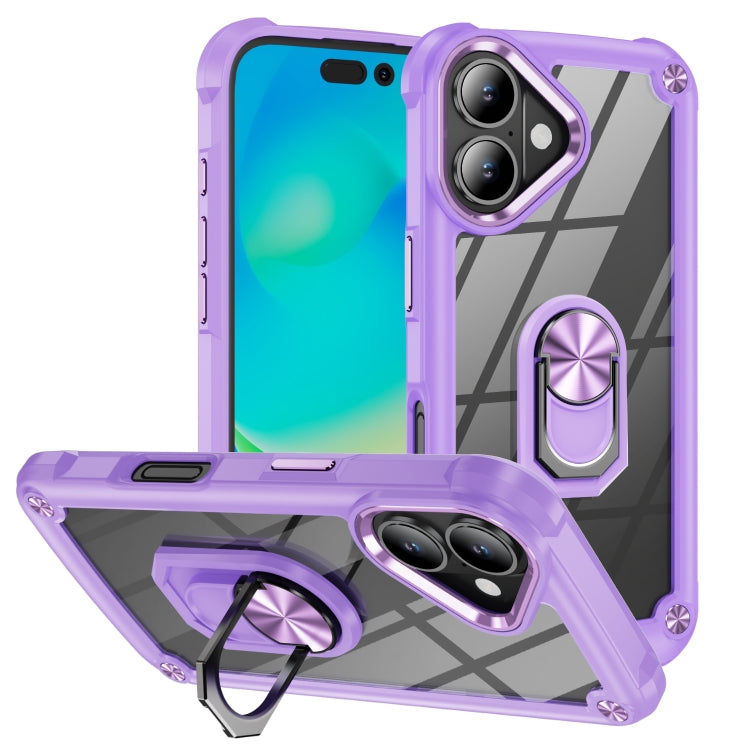 For iPhone 16 TPU + PC Lens Protection Phone Case with Ring Holder(Purple)