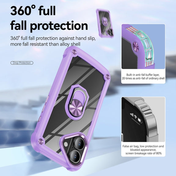 For iPhone 16 TPU + PC Lens Protection Phone Case with Ring Holder(Purple)
