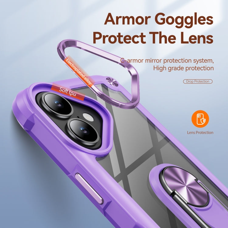 For iPhone 16 TPU + PC Lens Protection Phone Case with Ring Holder(Purple)