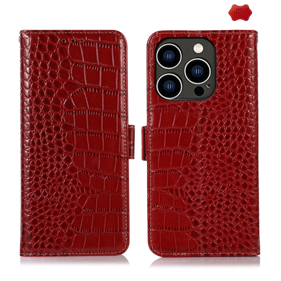 For iPhone 16 Pro Max Crocodile Top Layer Cowhide Leather Phone Case(Red)