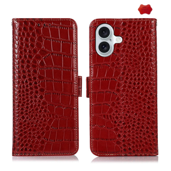 For iPhone 16 Plus Crocodile Top Layer Cowhide Leather Phone Case(Red)