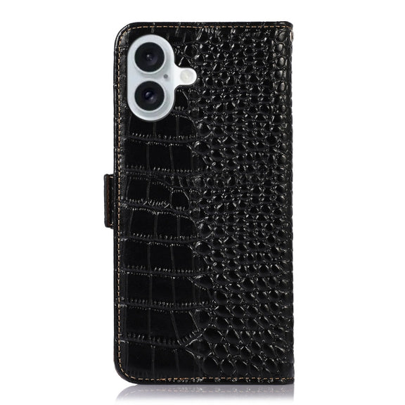 For iPhone 16 Crocodile Top Layer Cowhide Leather Phone Case(Black)