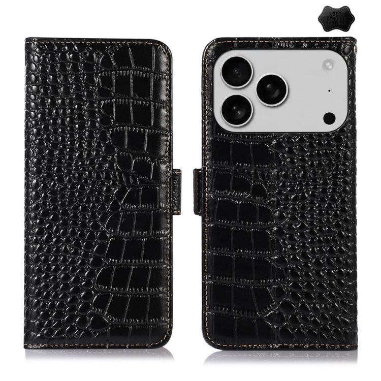 For iPhone 17 Pro Crocodile Top Layer Cowhide Leather Phone Case(Black)
