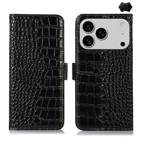 For iPhone 17 Pro Crocodile Top Layer Cowhide Leather Phone Case(Black)