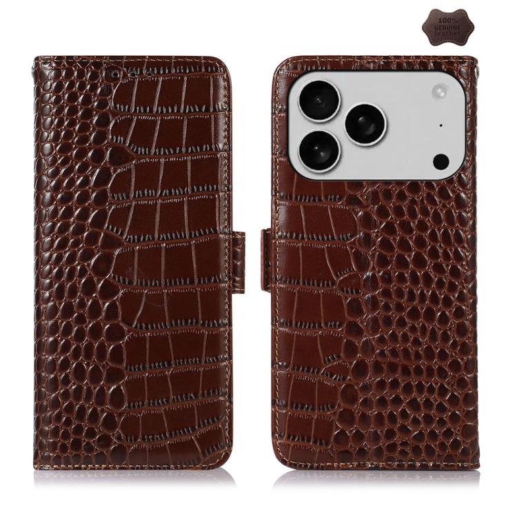 For iPhone 17 Pro Crocodile Top Layer Cowhide Leather Phone Case(Brown)