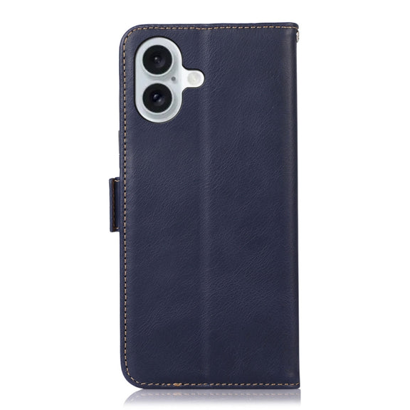 For iPhone 16 Plus Crazy Horse Top Layer Cowhide Leather Phone Case(Blue)