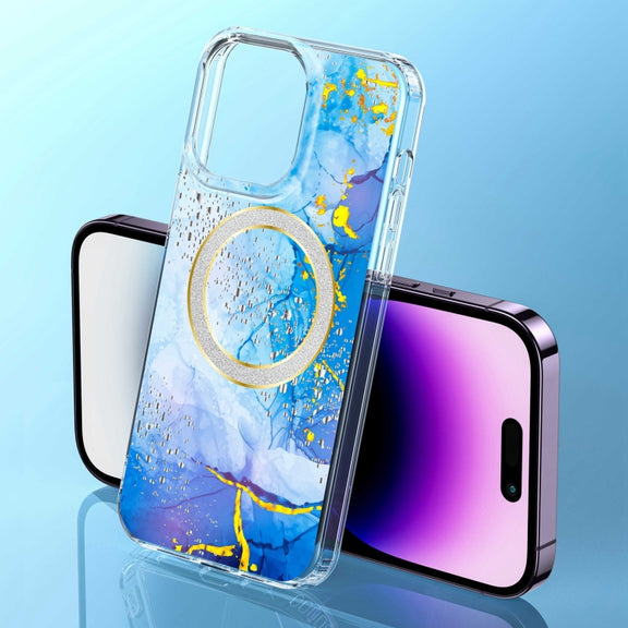 For iPhone 14 Dual-side IMD Marble Magsafe Phone Case(Dark Blue)