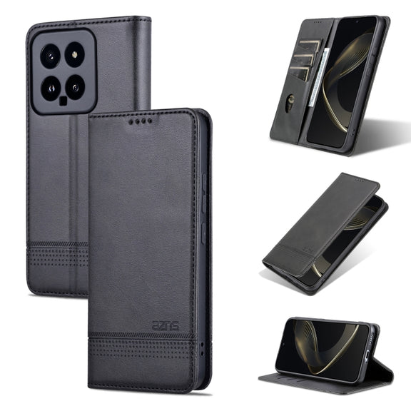 For Xiaomi 14 AZNS Magnetic Calf Texture Flip Leather Phone Case(Black)