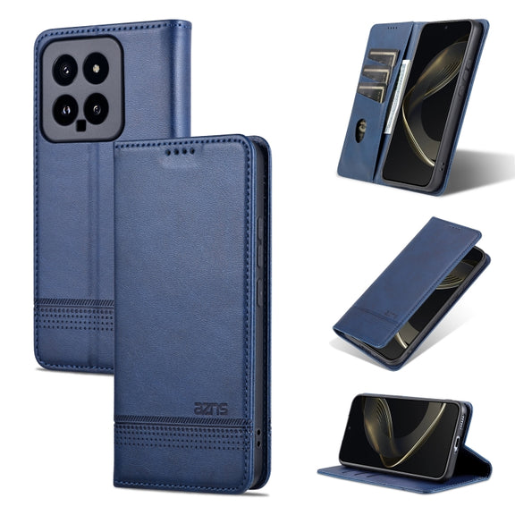 For Xiaomi 14 AZNS Magnetic Calf Texture Flip Leather Phone Case(Dark Blue)