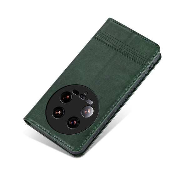 For Xiaomi 14 Ultra AZNS Magnetic Calf Texture Flip Leather Phone Case(Dark Green)