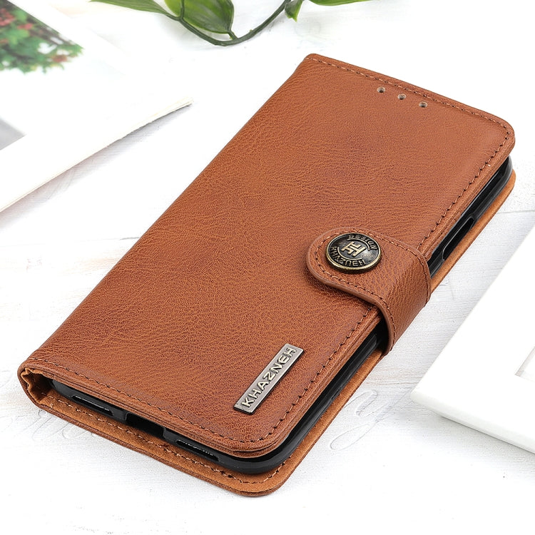 For iPhone 16 KHAZNEH Cowhide Texture Horizontal Flip Leather Phone Case(Brown)