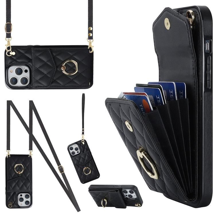 For iPhone 14 Pro Rhombic Texture Card Bag Phone Case with Long Lanyard(Black)