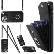 For iPhone 14 Pro Rhombic Texture Card Bag Phone Case with Long Lanyard(Black)