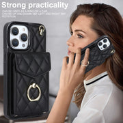 For iPhone 14 Pro Rhombic Texture Card Bag Phone Case with Long Lanyard(Black)