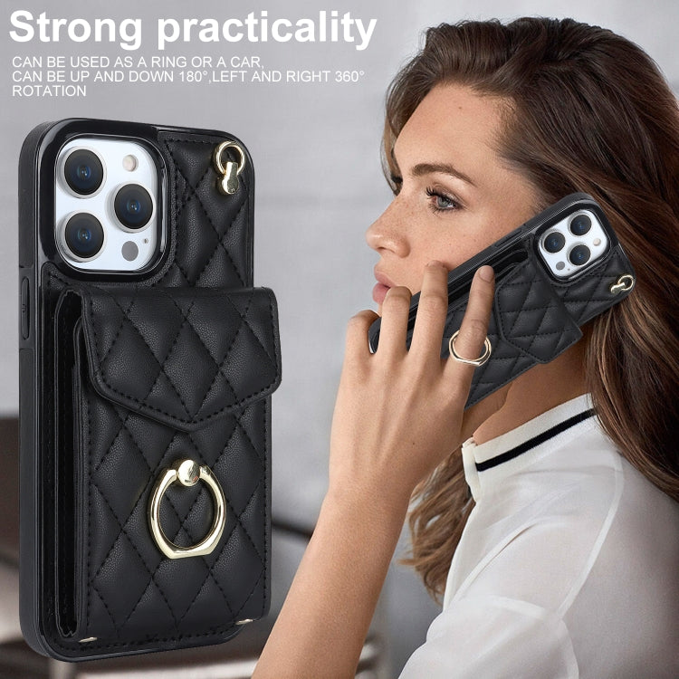 For iPhone 14 Pro Rhombic Texture Card Bag Phone Case with Long Lanyard(Black)