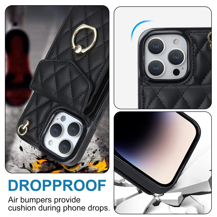 For iPhone 14 Pro Rhombic Texture Card Bag Phone Case with Long Lanyard(Black)