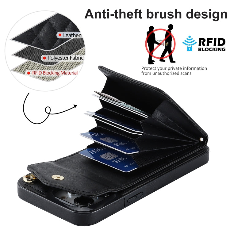 For iPhone 14 Pro Rhombic Texture Card Bag Phone Case with Long Lanyard(Black)