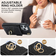 For iPhone 14 Pro Rhombic Texture Card Bag Phone Case with Long Lanyard(Black)