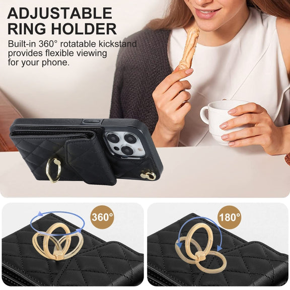 For iPhone 14 Pro Rhombic Texture Card Bag Phone Case with Long Lanyard(Black)