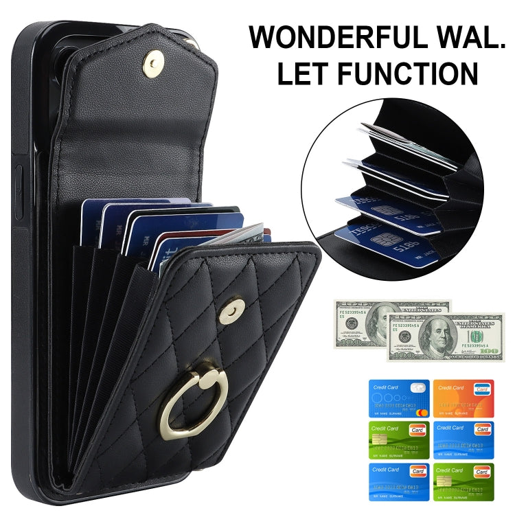 For iPhone 14 Pro Rhombic Texture Card Bag Phone Case with Long Lanyard(Black)