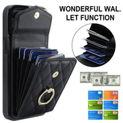 For iPhone 14 Pro Rhombic Texture Card Bag Phone Case with Long Lanyard(Black)