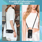 For iPhone 14 Pro Rhombic Texture Card Bag Phone Case with Long Lanyard(Black)