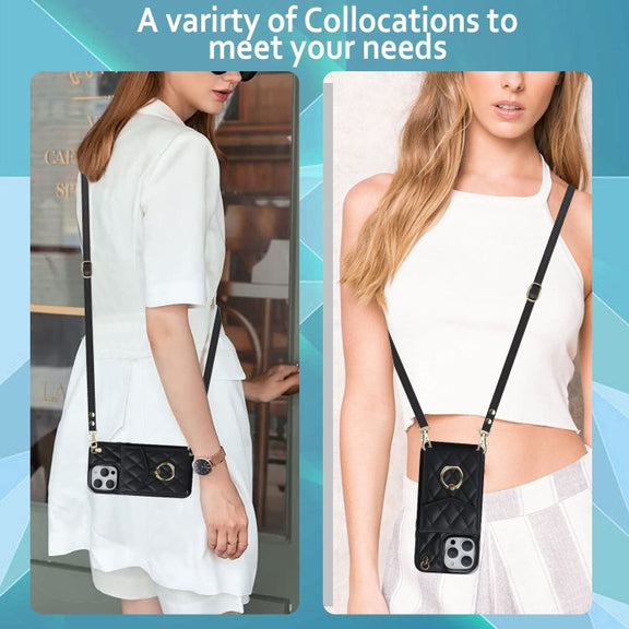 For iPhone 14 Pro Rhombic Texture Card Bag Phone Case with Long Lanyard(Black)