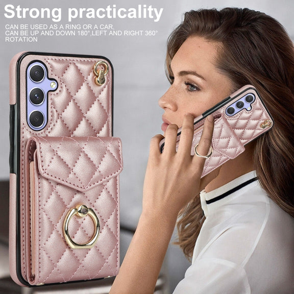 For Samsung Galaxy A54 5G Rhombic Texture Card Bag Phone Case with Long Lanyard(Rose Gold)