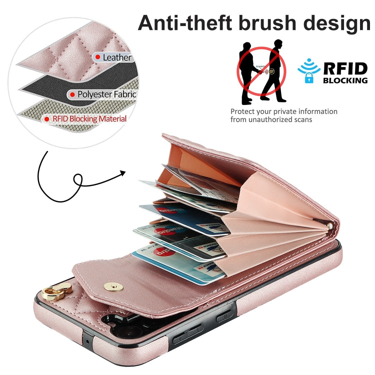 For Samsung Galaxy A54 5G Rhombic Texture Card Bag Phone Case with Long Lanyard(Rose Gold)