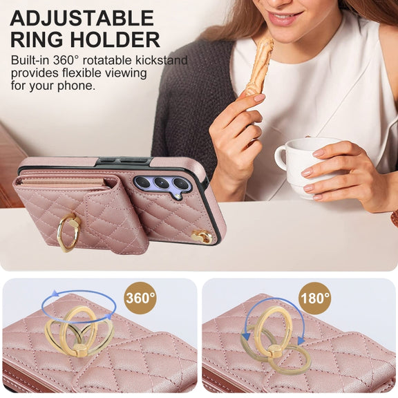 For Samsung Galaxy A54 5G Rhombic Texture Card Bag Phone Case with Long Lanyard(Rose Gold)