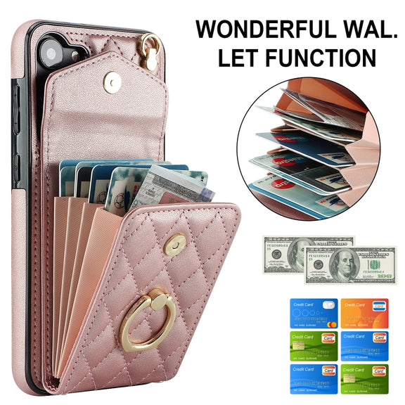 For Samsung Galaxy A54 5G Rhombic Texture Card Bag Phone Case with Long Lanyard(Rose Gold)